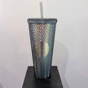 Iridescent Silver Tumbler with Straw